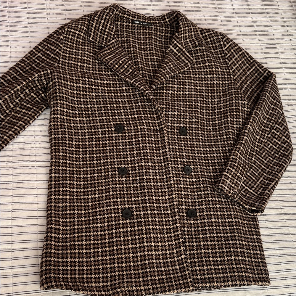 SHEIN Black and Brown tweed double breasted Houndstooth Pea Coat